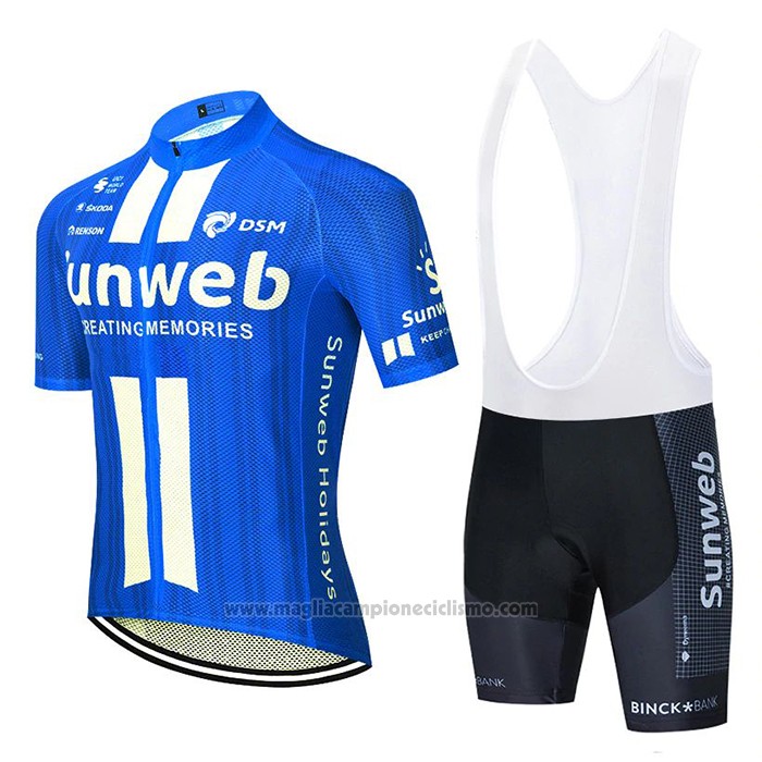 2020 Abbigliamento Ciclismo Sunweb Blu Bianco Manica Corta e Salopette